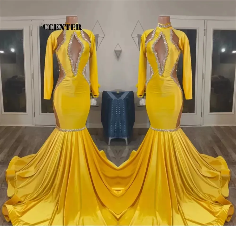 2023 Yellow Gold Prom Dresses for Black Girls African Party Dress Long Sleeve Special Endan Evening Gown Mermaid Robe de Femme GW0210