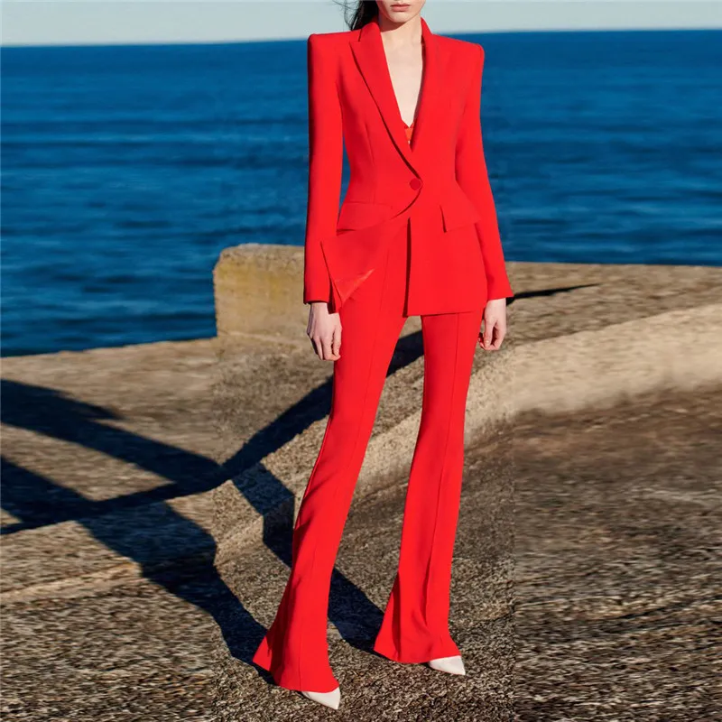 Womens Two Piece Pants High Quality Fashion Designer Blazer Suit Set Single Button Red Flare 230209