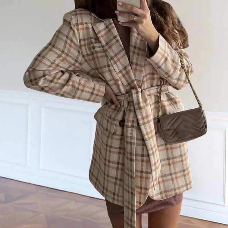 Costumes pour femmes femmes automne manteau Plaid ceinture longueur Midi Blazer taille serrée à lacets revers hiver garder au chaud poches à rabat pardessus