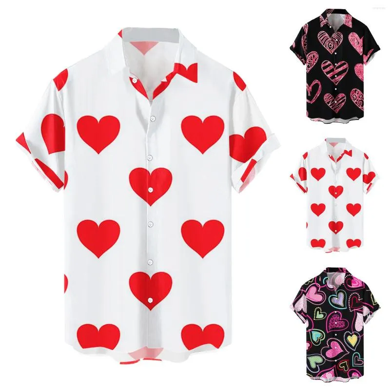 Men's Casual Shirts Hawaiian Men's Men Button Korean Fashion Valentine Day Love Print Short-sleeve Beach Blouses Tops Camicias