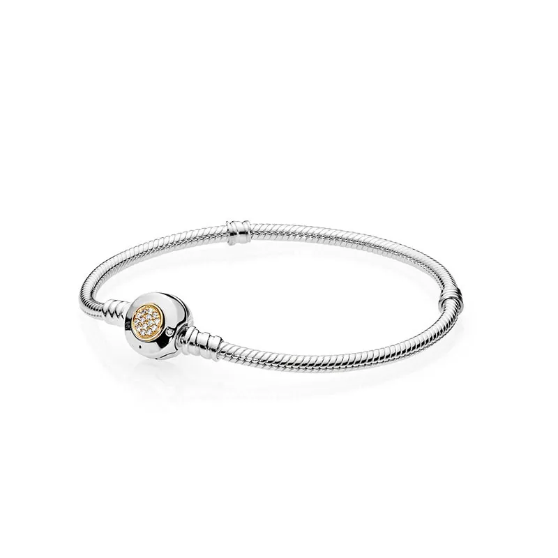 925 Sterling Silver Snake Chain Charm Bracelet for Pandora CZ Diamond Wedding Party Jewelry For Women Girlfriend Gift Gold plated Clasp Bracelets with Original Box