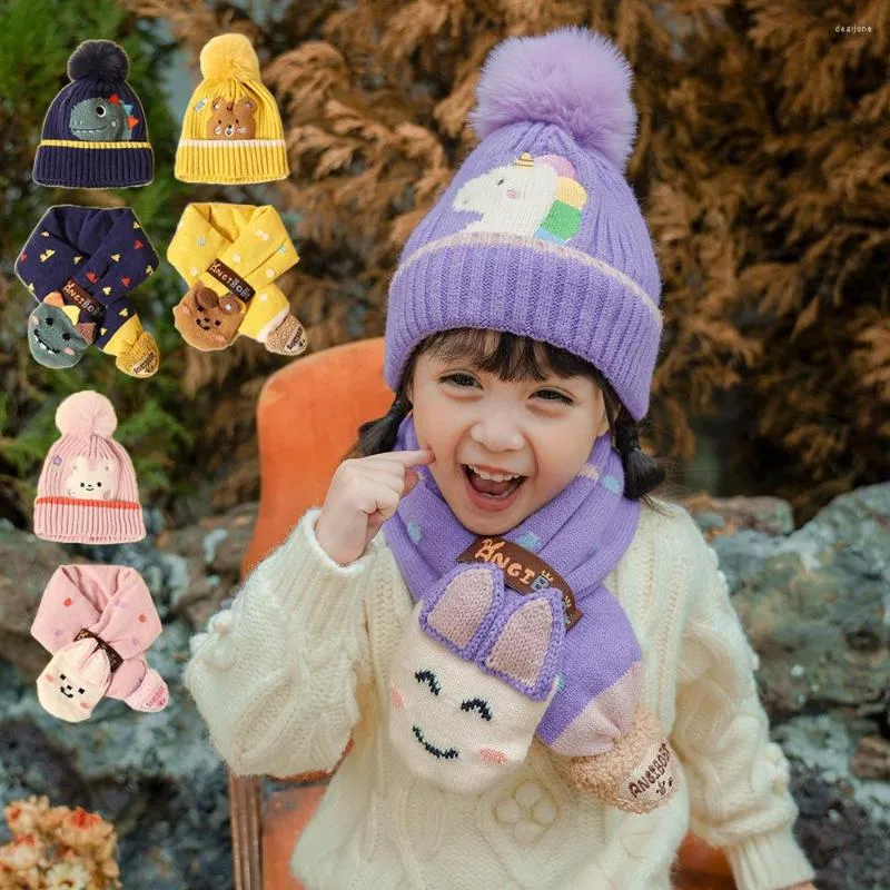 Hattar barns vinterhatt för pojkar flickor med öronflikar varma och halsduk set söta tecknade djur barn tillbehör