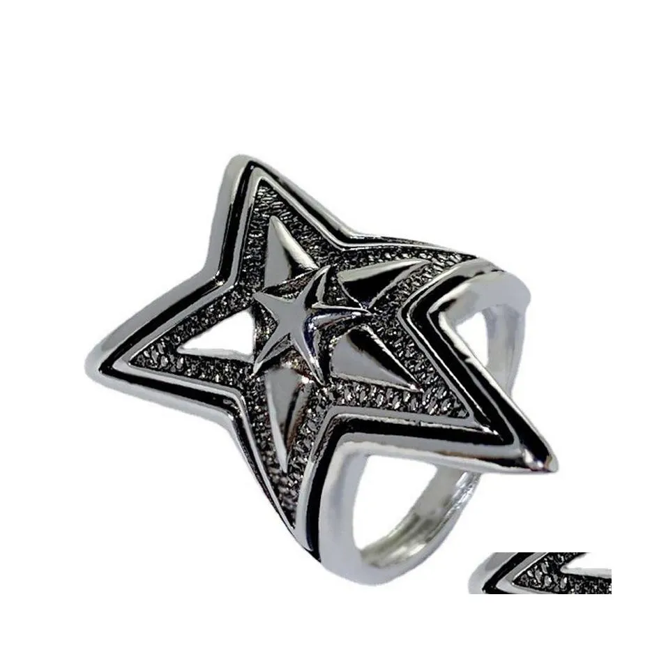 Cluster Ringe Einfache schwarze Doppelschicht Überlappung Fünfzackiger Stern Offener Ring Punk Retro Herren Trend Rock Stil Drop Lieferung Schmuck Dhsiw