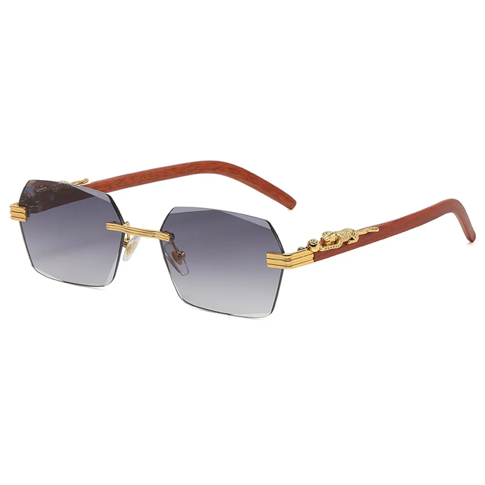 Lunettes de soleil sans monture coupe carrée femmes mode transfrontalière imitation grain de bois miroir jambes léopard lunettes de soleil décoratives df 8059