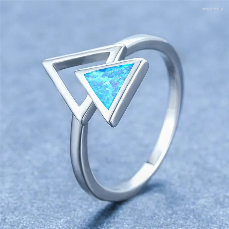 Eheringe Trendy Braut Hohl Dreieck Stein Ring Zierliche Weibliche Blau Weiß Opal Engagement Charme Silber Farbe Für Frauen