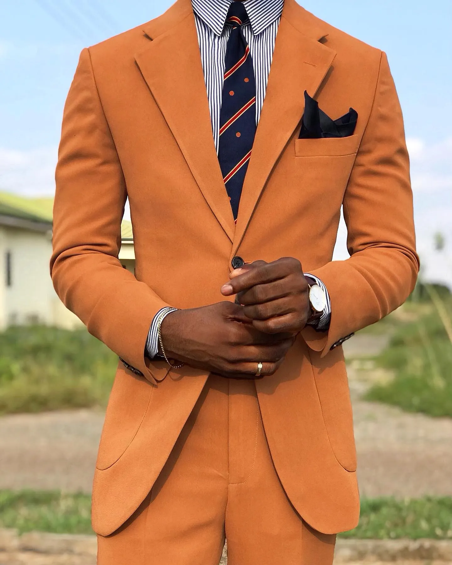 Orange One Button Groomsmen Wedding Tuxedos Slim Fit Mens Suits Sets Blazers Notched Lapel Formal Suit With Jacket And Pants