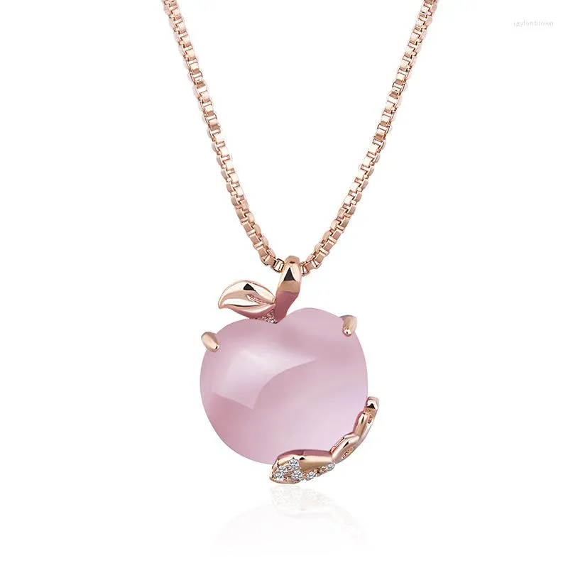 Colares de pendentes cor de ouro rosa Genuíno 925 colar de cristal rosa de prata esterlina para mulheres Meninas Padrão de maçã feminina