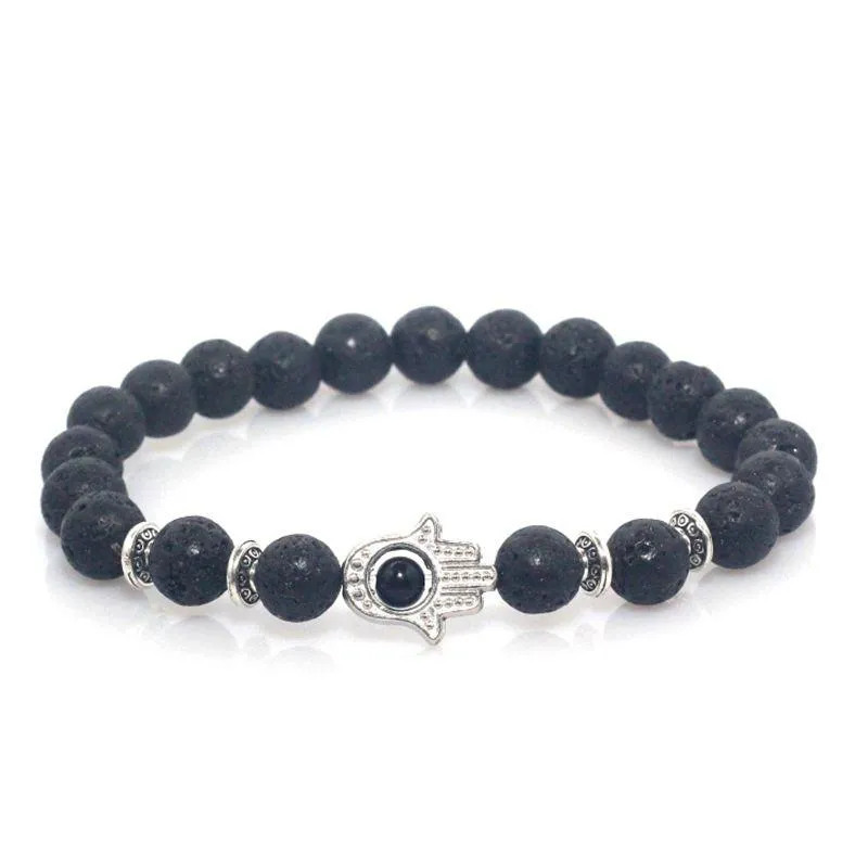 Bracelets porte-bonheur 8mm pierre de lave pour femme perles naturelles bijoux Fatima main Hamas extensible élastique Bracelet homme