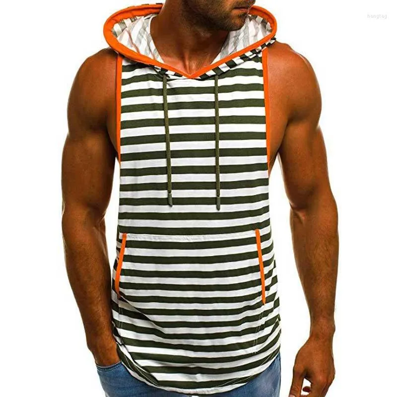 Men's Hoodies Male Hooded Vest Undershirt Summer Fitness Hoodie Tank Top Mens Stringer Striped Sleeveless Bodybuilding Tee Shirts Men MY076