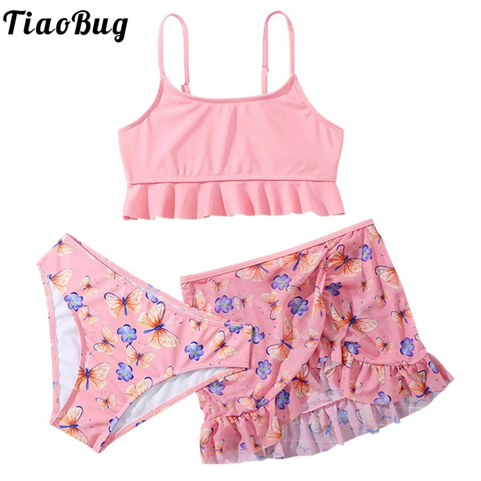 Clothing Sets Kids Girls Swimsuit Butterfly Print Three Pieces Swimwear Adjustable Straps Bikini Bottom with Cover Up Beach Skirt Bathing Suit W230210