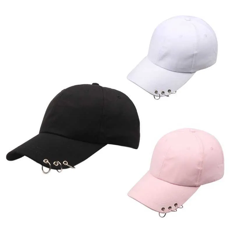 Casquettes De Baseball Femmes Hommes Coréen Harajuku Coton Casquette De Baseball avec 3 Anneaux En Métal Hip Hop Rue Couleur Unie Réglable Snapback Papa Chapeau G230209