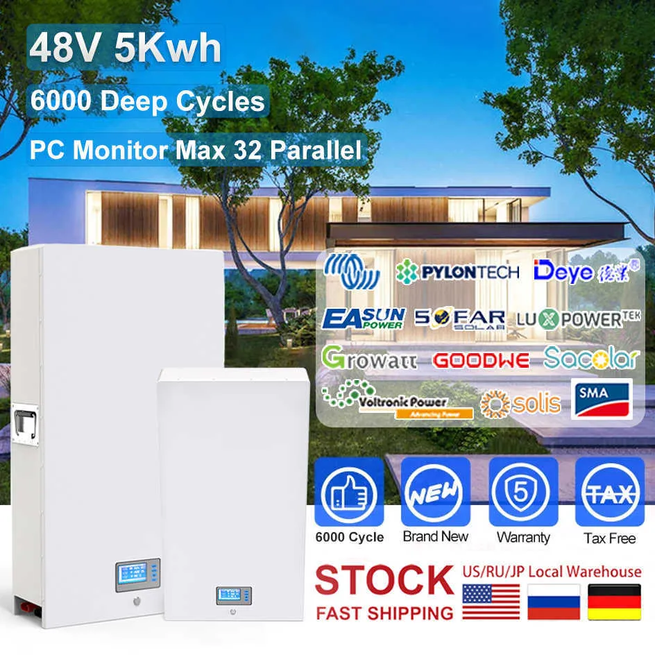 48V 100Ah Powerwall 6000 Cycles 5120Wh moniteur PC Max 32 parallèle LiFePO4 batterie intégrée 16S 51.2V 100A BMS pas de taxe