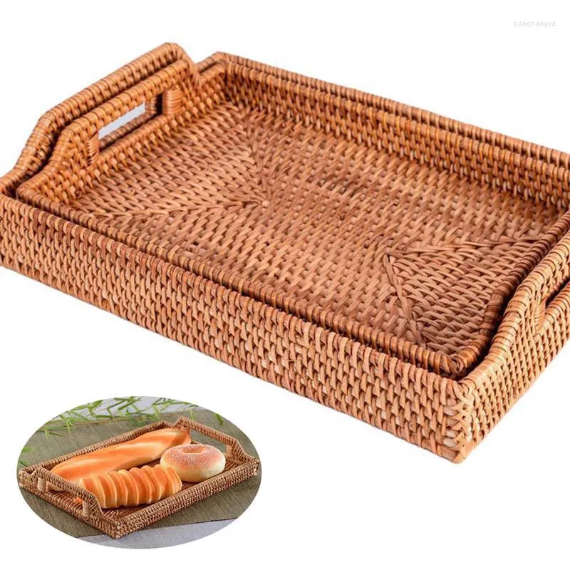 Cestino rettangolare intrecciato da cucina, vassoio per alimenti in rattan fatto a mano, frutta con manico per set di piatti per la colazione, bevande, snack