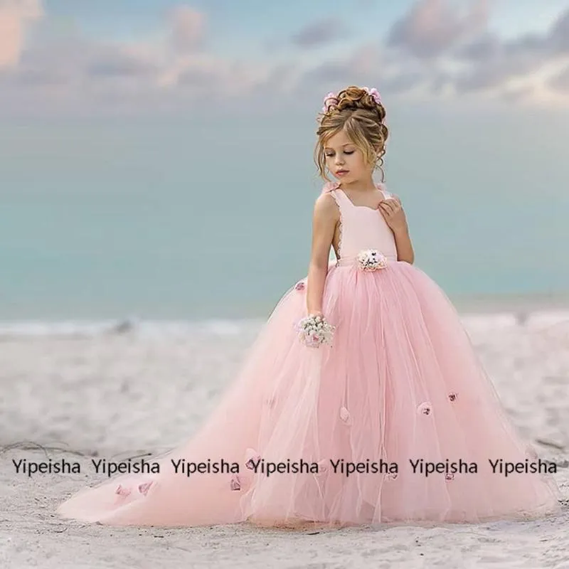 Fille robes bébé rose Spaghetti sangle une ligne fleur pour mariage 2023 avec sans manches doux Tulle été robe d'anniversaire