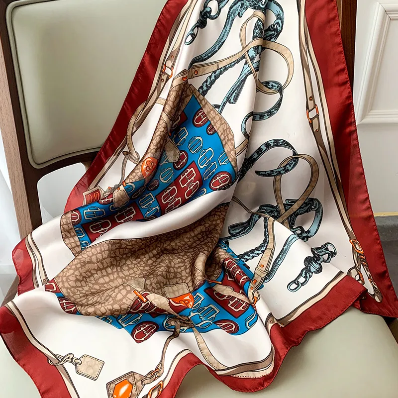Autunno europeo e americano Nuova catena piccola sciarpa di seta Sciarpa decorativa in seta artificiale da donna Estate