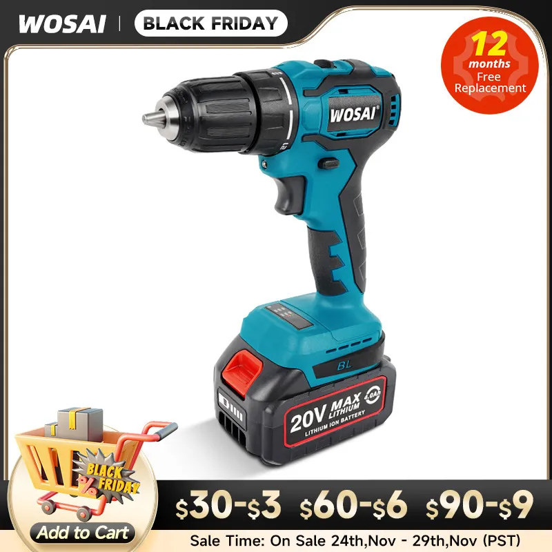 Perceuse électrique WOSAI 20V sans balais, couple 211, tournevis sans fil 50nm, batterie Liion 221122