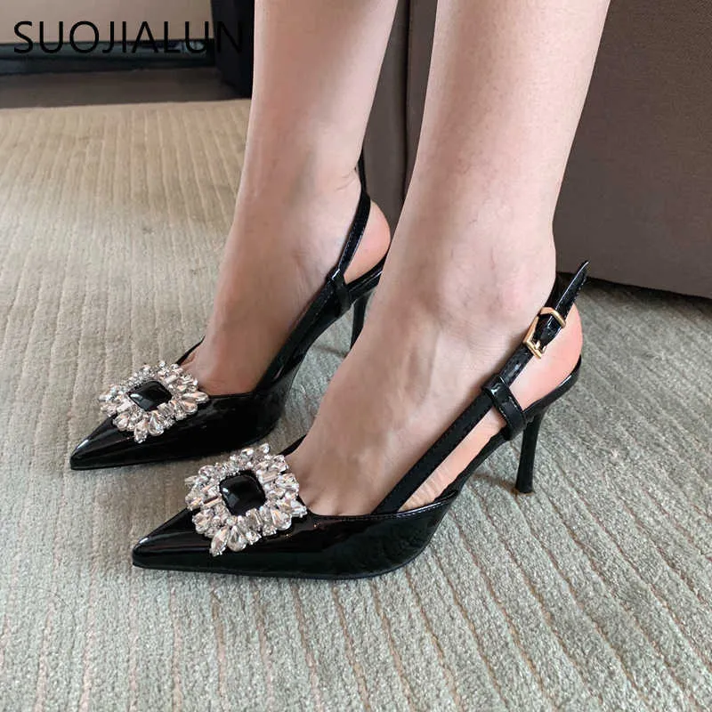 Helt nya Slingbacks Women Spring Sandals Suojialun Fashion Crystal Buckle Ladies Elegant Drass Party Pumps Shoes Slip On Mujer T