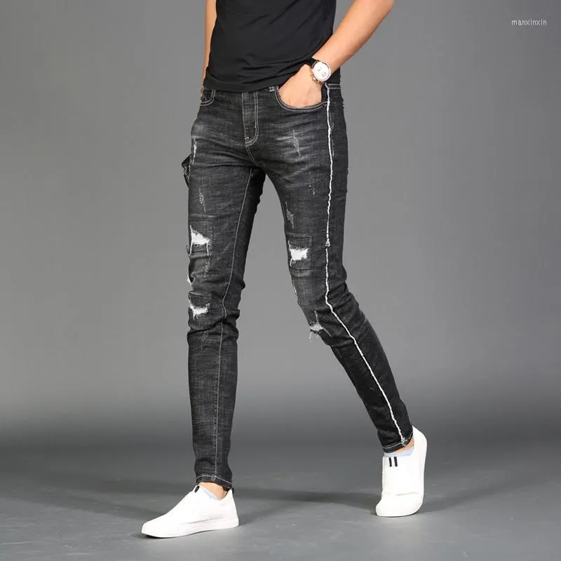 Men's Jeans Black Ripped Jeans With White Stripe Men's Slim