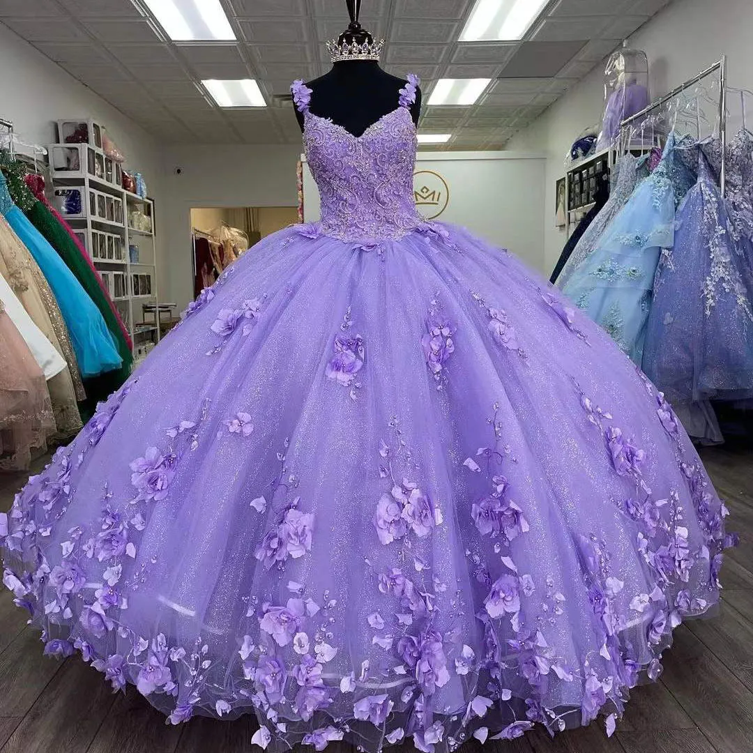 New Glitter Purple Quinceanera Dresses Spaghetti Stra With Wrap Sweet 15 Gowns 3D Flower Bead Vestidos De Fiesta