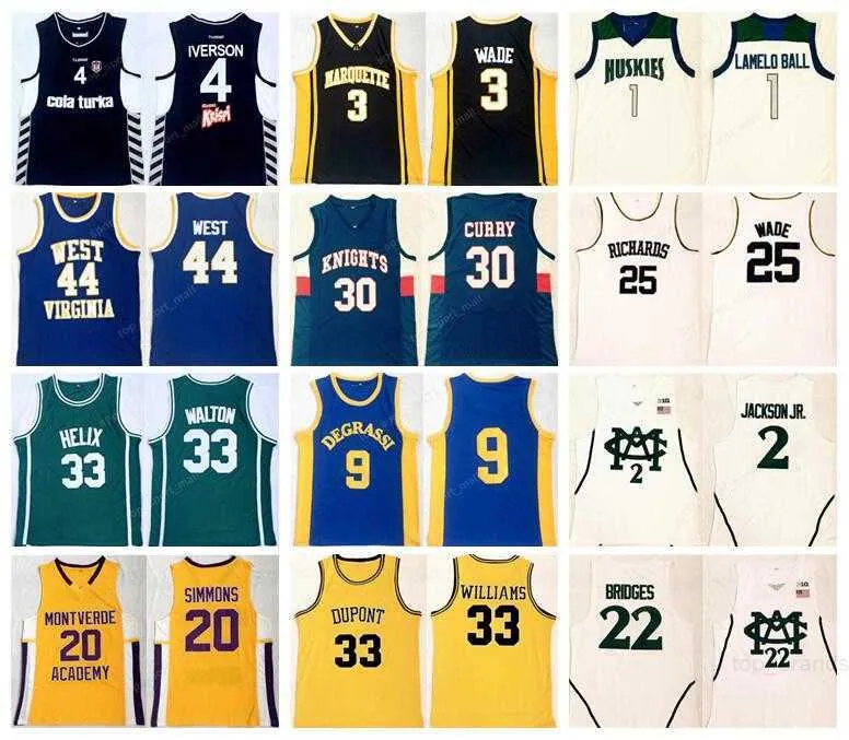 Jerseys de basquete da High School 2018 Allen Iverson 4 Jason Williams 33 Bill Walton Dwyane Wade 3 milhas Bridges 22 Ben Simmons Jerry West