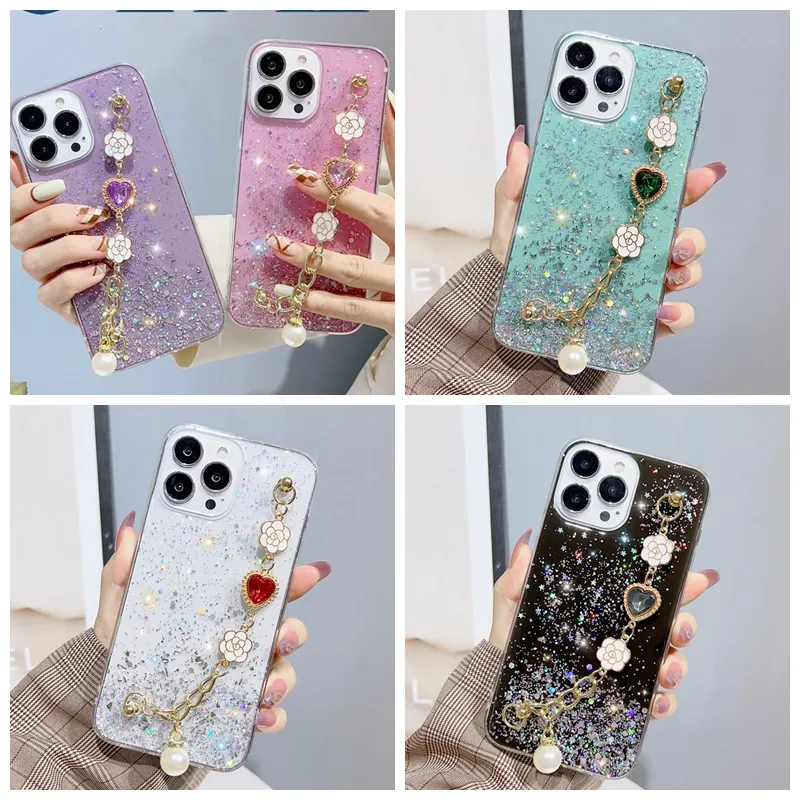 Bling Glitter con cinturino da polso Chian Custodie per Samsung S22 Ultra Plus A13 A04 A14 A54 M53 M33 A23 A73 A53 A33 A03 Core A13 Fiore Cuore Perla Foil Paillettes Cover posteriore morbida in TPU