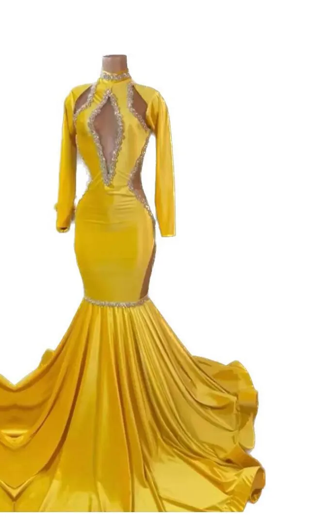 2023 Yellow gold Prom Dresses For Black Girls African Party Dress Long Sleeve Special Occasion evening Gown Mermaid robe de femme 232i