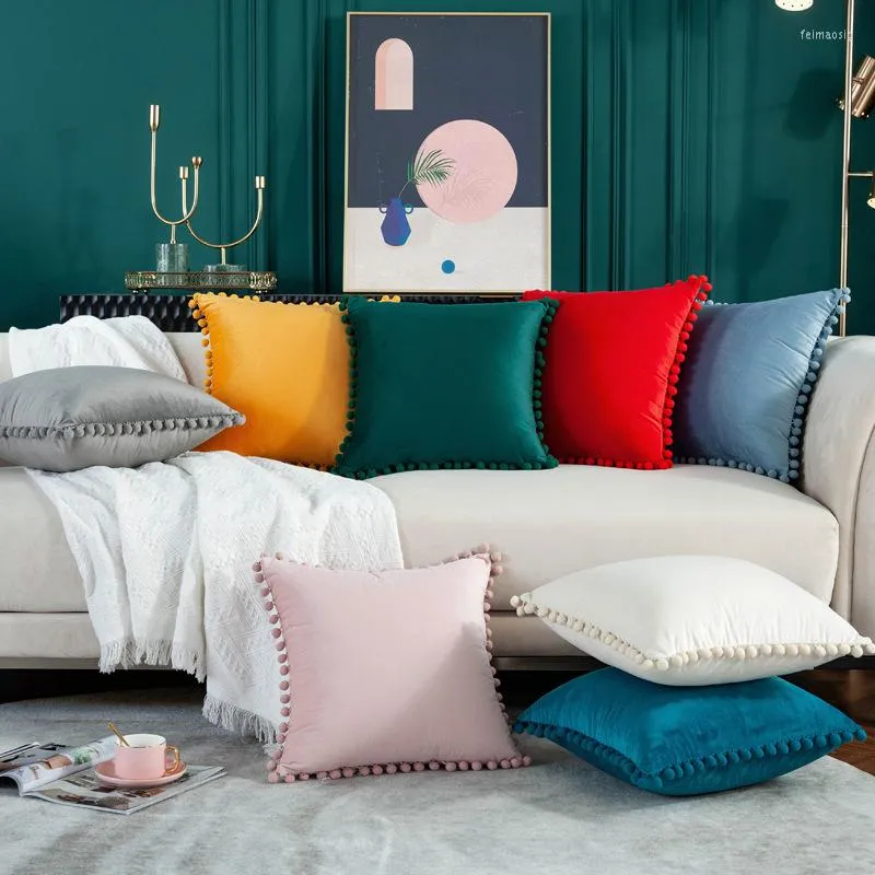 Pillow Velvet Decorative With Ball Home Decor Sofa Pillowcase Pure Color Drop Plush Car Office Throw