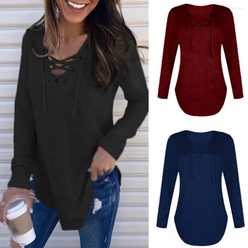 Women's T Shirts Women's Casual Sexy Hollow Out Bandage V Neck Long Sleeve T-shirt Solid Tee Shirt Pulovers Tunic Top Female Clothing