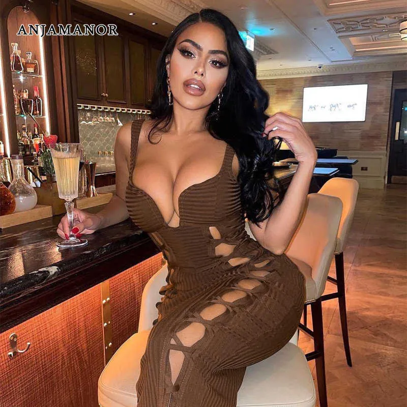 Casual Dresses ANJAMANOR Sexy Deep V Cut Out Bandage Midi Dress Party Night Club Outfits 2023 Birthday Dressed for Women Clothing D16-EZ27 T230210