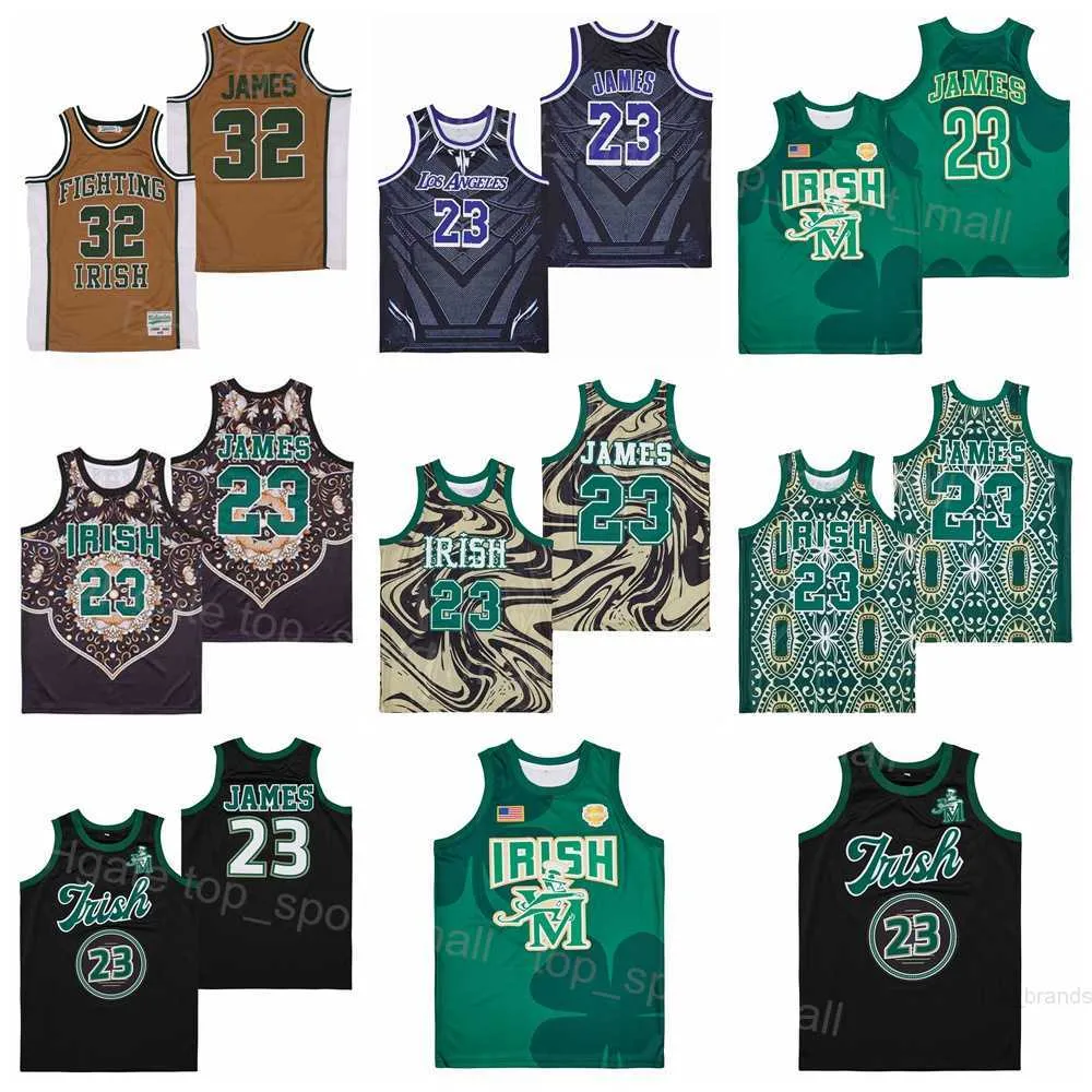 St Vincent Mary Fighting Irish Jersey High School LeBron James 23 Mármol Baloncesto CORONA Negro Marrón Verde Color del equipo Todas las costuras Deporte Transpirable Calidad superior