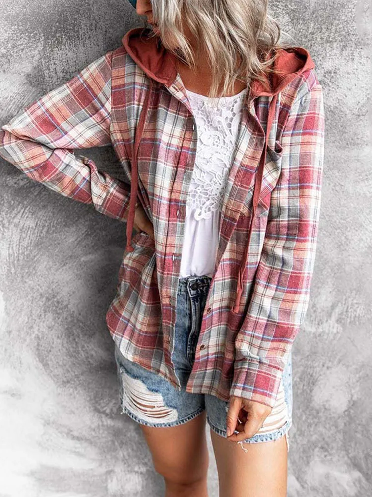 Frauen Blusen Shirts Frühling Plaid Mit Kapuze Button Up Weibliche Damen Herbst Lose Kariert Für Rosa 230211