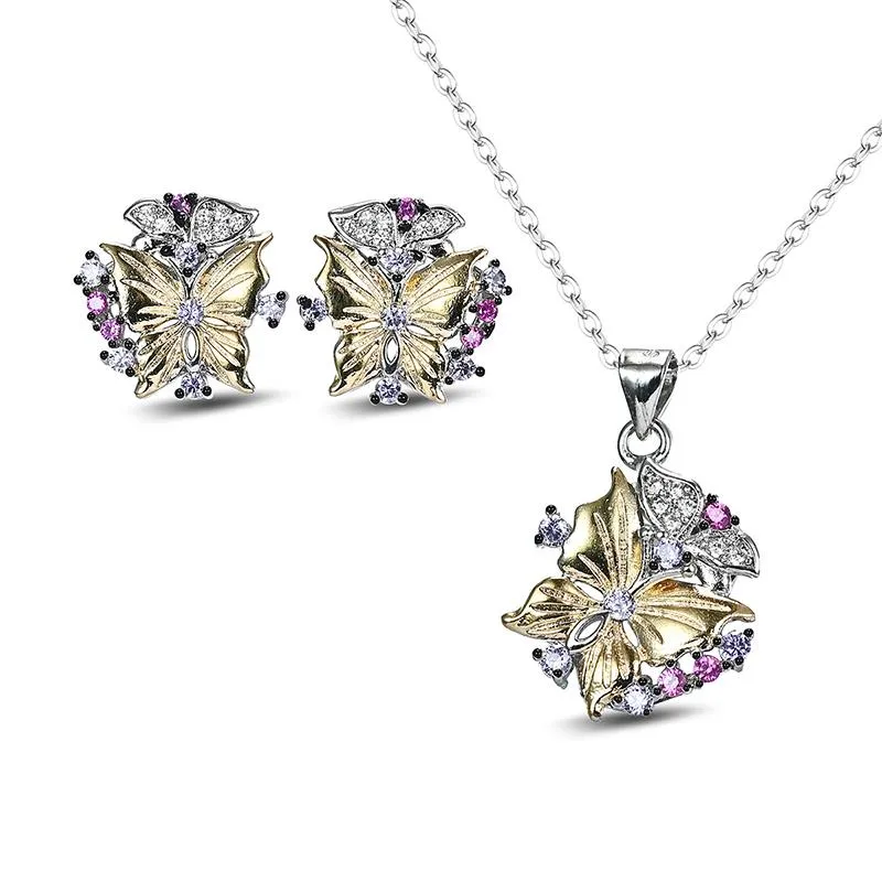 Collier Boucles d'oreilles Ensemble à la mode Plaqué or Tow Tone Butterfly Pendentif Stud pour femmes CZ Stone Inlay Mode Bijoux Party GiftEarrings