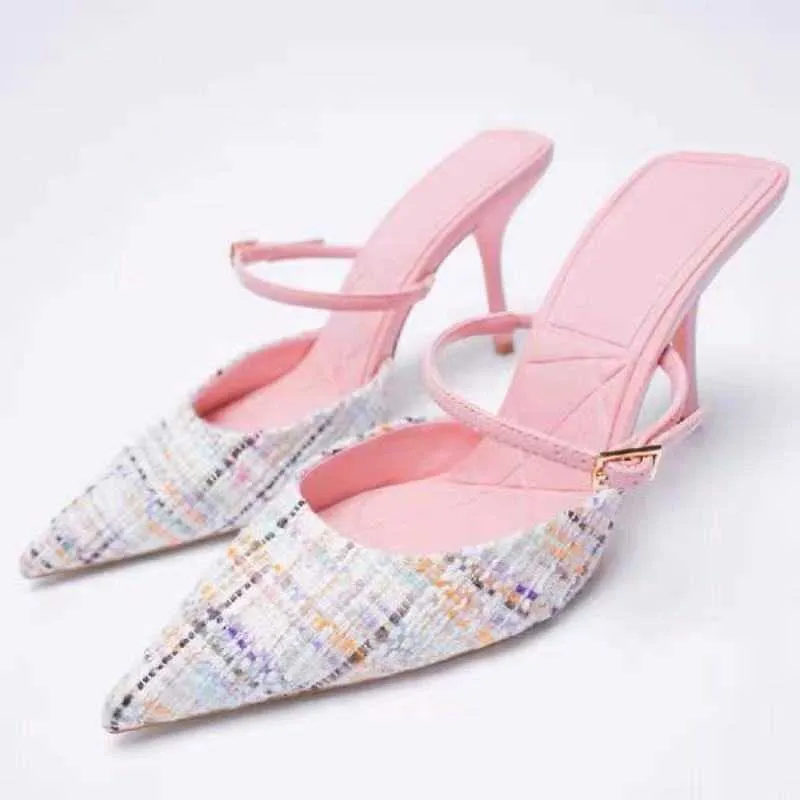 Sandalet Bahar Yeni 2022 Yeni Sivri Stiletto Pompalar Kadın Slingback Sığ Ağız Topuklu Moda Tek Ayakkabı Ofis Sandalet G230211