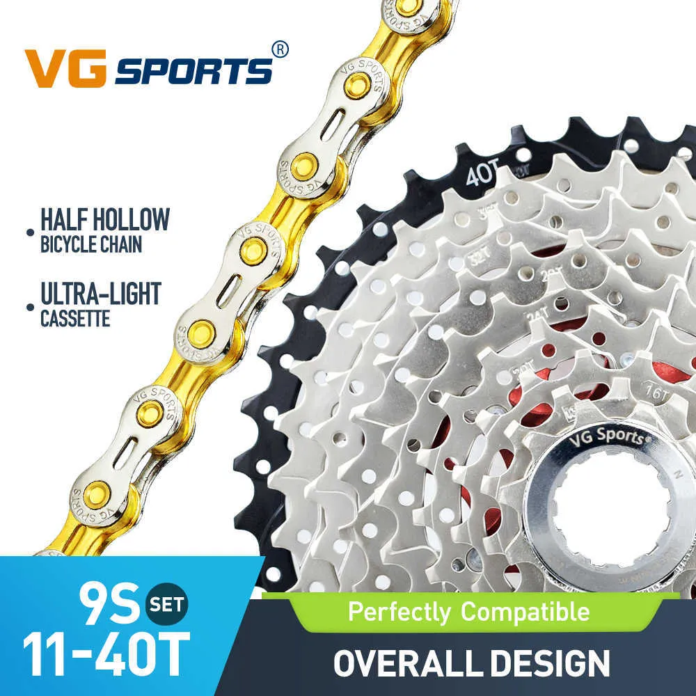 Zincirler VG Sports 9 Speed ​​11-40T Bisiklet Kaseti MTB Mountain Aksesuarları için Freewheel Frenler 9s Yarım İçi Bisiklet Zinciri 0210