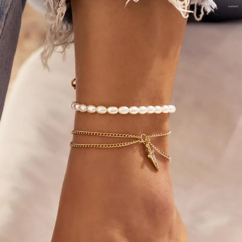 Anklets Boho Imitation Pearl Beaded Summer Anklet Women Gold Color Metal Shiny Crystal Sword Pendant Beach Girls Fashion Jewelry