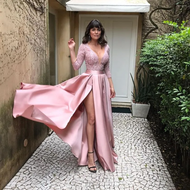 Fashion Party Dresses Wedding Long Lady Satin V-Neck Front Slit Evening  Dresses | eBay