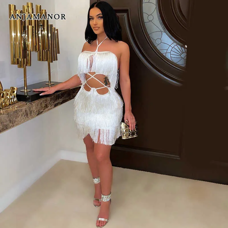 Casual Dresses ANJAMANOR Sexy White Tassel Dress Party Night Club Wear Open Back Halter Mini Dresses Birthday Outfit for Women D37-DH40 T230210