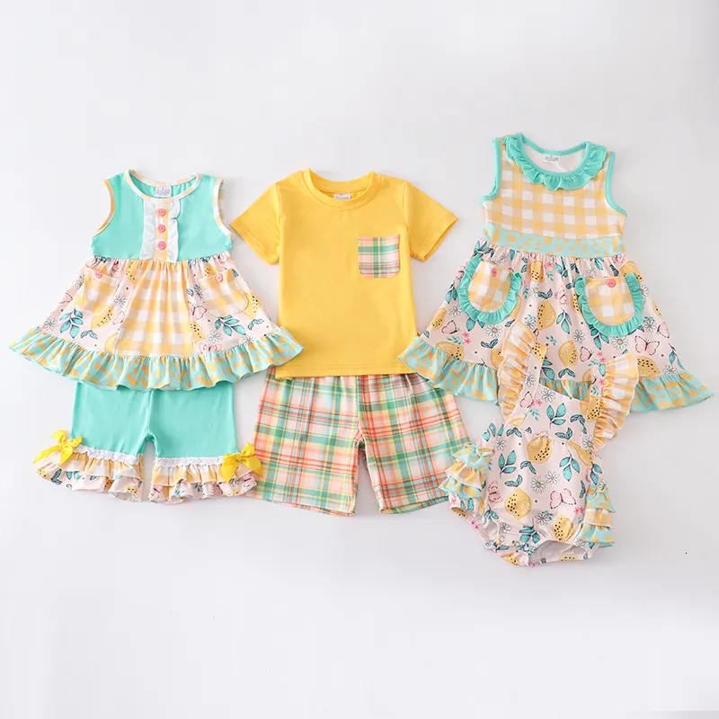 T skjortor Girlymax Summer Sibling Baby Girls Boys Plaid Floral Stripe Romper Shorts Set Ruffles Dress Cotton Milk Silk Kids Clothing 230210