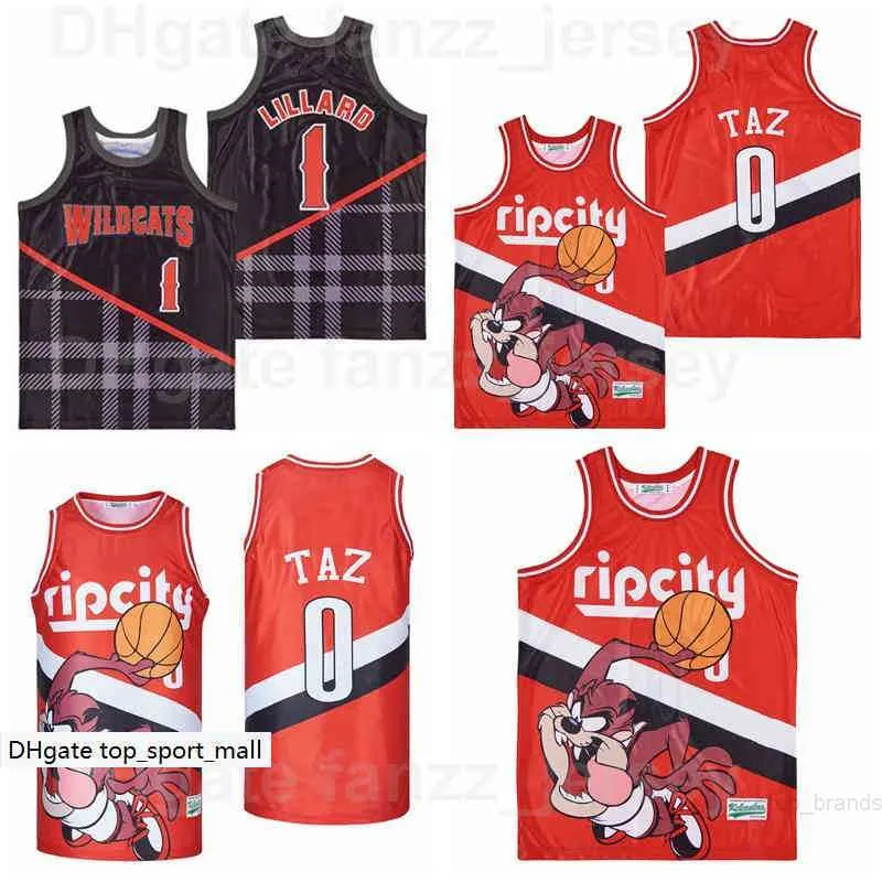 Män Moive Wildcats High School 0 Ripcity Taz Jersey 1 Damian Lillard Basketball Hiphop Breattable Red Black Team Color Pure Cotton Shirt Bra