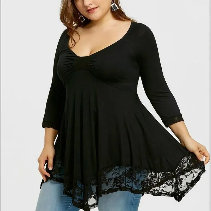 Women's T Shirts Summer Large Size 3XL 4XL 5XL 6XL 7XL Bust 128CM Women Sexy V-neck Irregular Lace Hem Stitching Top