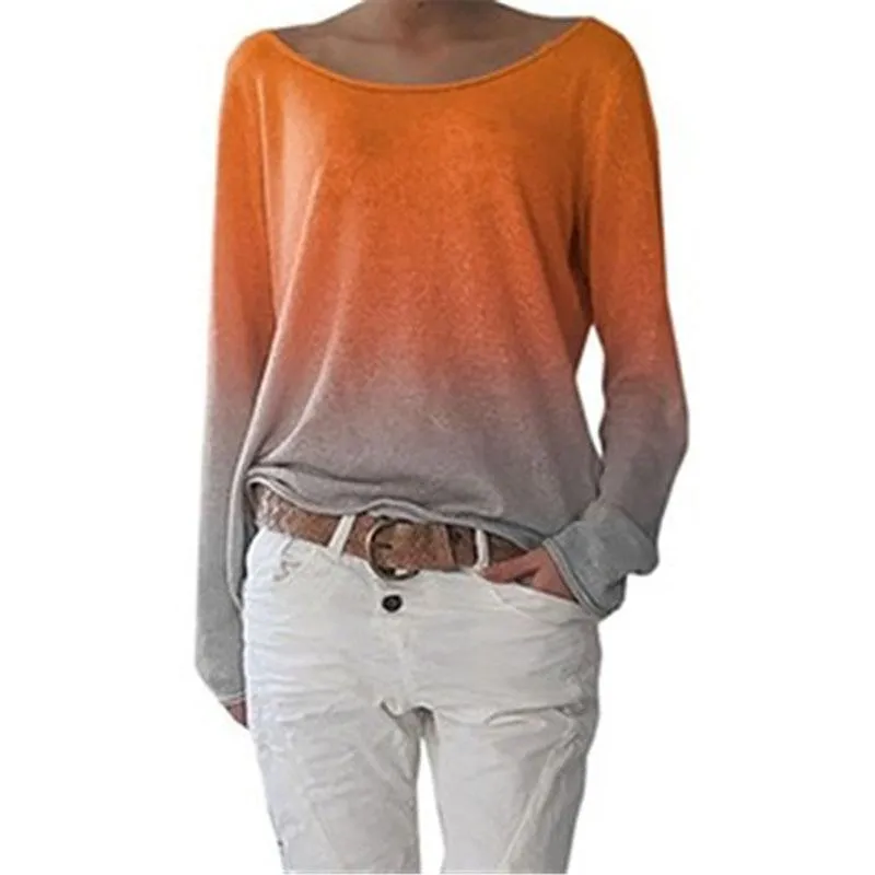 Dames t shirts plus maat 4x gradiënt mode lange mouw lente zomer o-neck losse tuniek casual tops