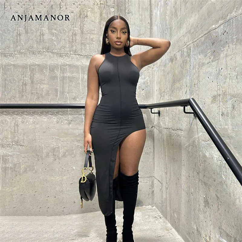 Casual Dresses ANJAMANOR Asymmetric Hem Sleeveless Long Dresses for Women Clothing Fashion 2023 Black Bodycon Dress Sexy Club Wear D96-BZ21 T230210