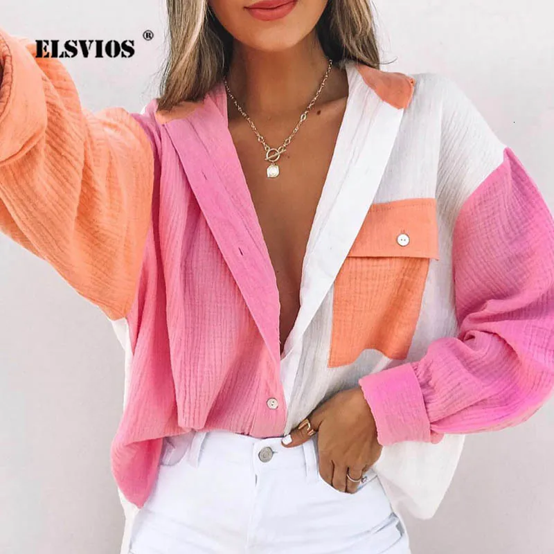 Women's Blouses Shirts Spring Summer Fashion Women Patchwork Shirt Elegant Commute Contrast Lapel Buttons Cardigan Streetwear Ladies Casual Blouses 230211