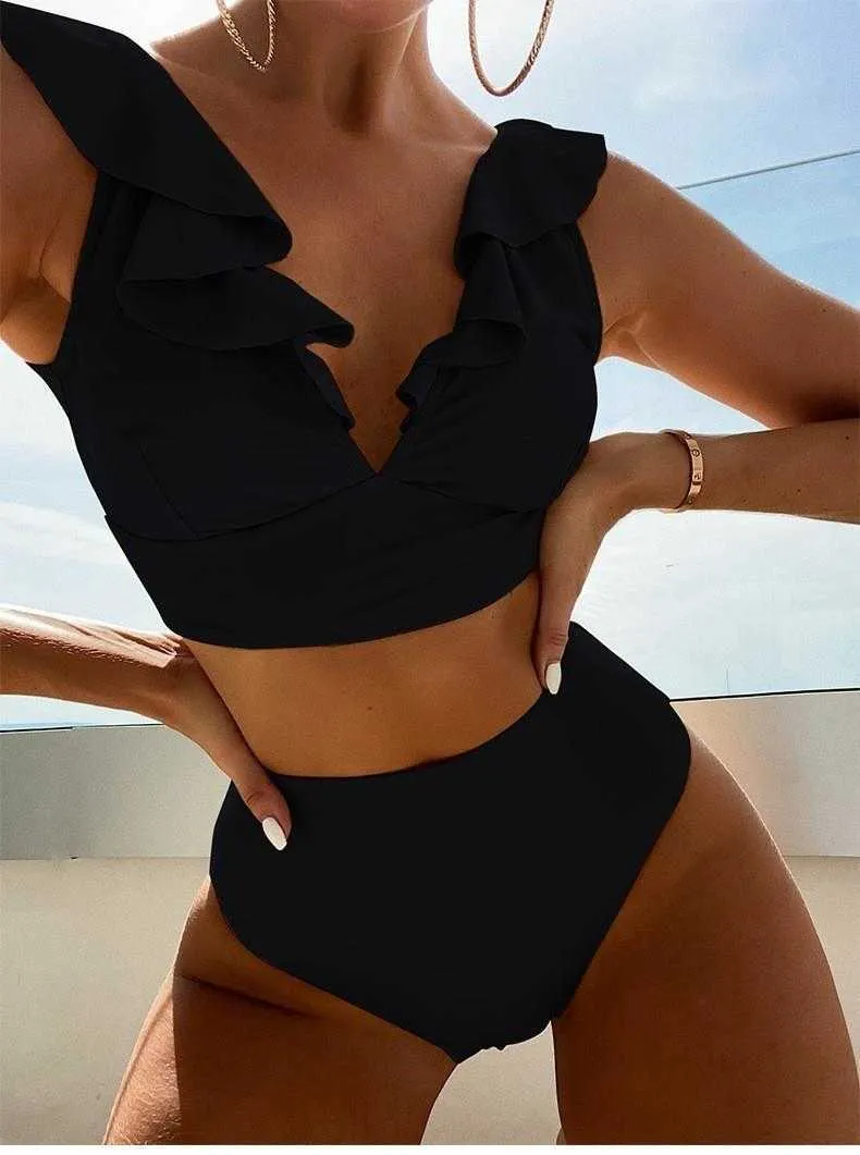 Solid Color Backless Women S High Waist Swimsuit Fashion Ruffles Split Bikini