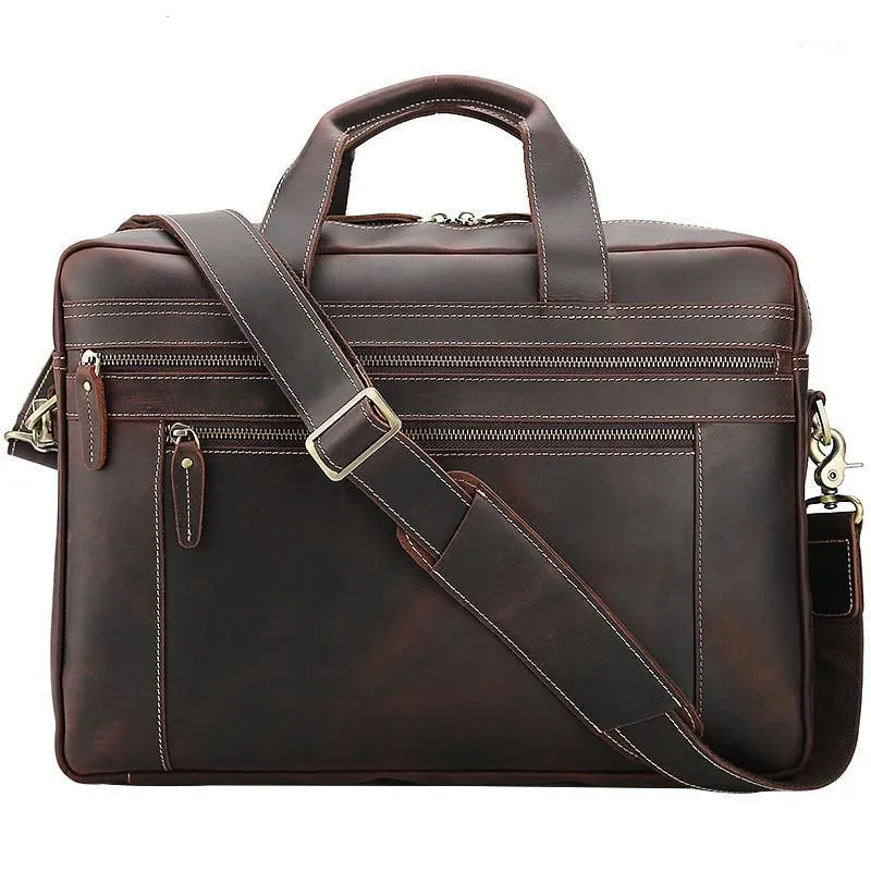 Briefcases Style Leather Men's Briefcase Large Capacity 17 Inch Laptop Bag Handbags Crazy Horse Shoulder