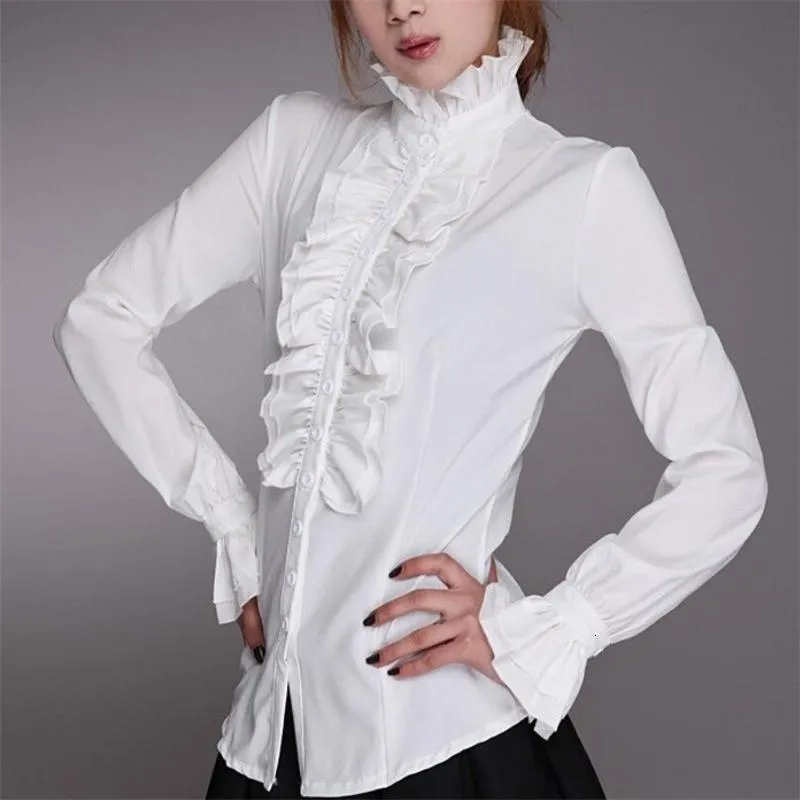 Women's Blouses Shirts Fashion Victorian Women OL Office Ladies White Shirt High Neck Frilly Ruffle Cuffs Shirts Female Blouse Cuffs Blouse Autumn 230211