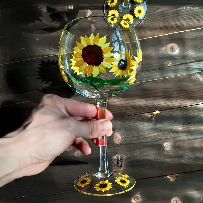 Wine Glasses Crystal Glass Hand-painted Flower Goblet Sunflower Red Cup Small Fresh Vintage Medieval