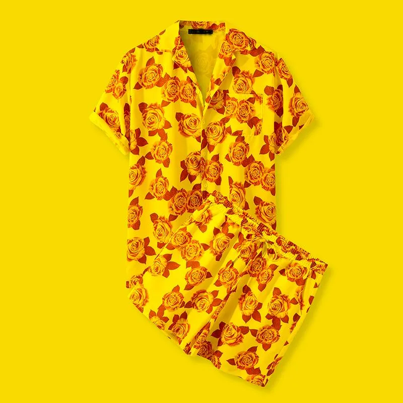 メンズTシャツピースメンハワイアンセット黄色のボタン印刷半袖シャツビーチショーツストリートウェアカジュアルアウトドアメンズセットマンズ