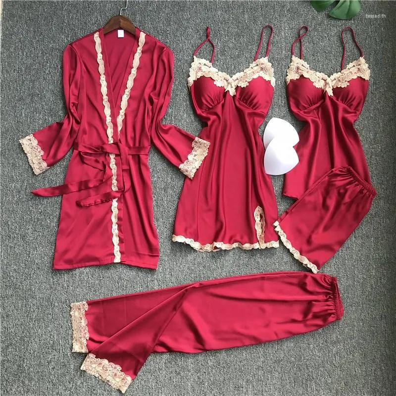 Kobietowa odzież snu 5pcs Satyna Satyna Kimono szata Suknia koronkowa szlafroks