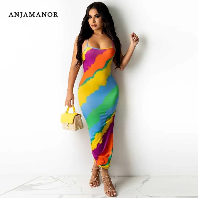 Vestidos casuais Anjamanor Vestidos maxi sexy de verão 2021 estampa colorida aberta